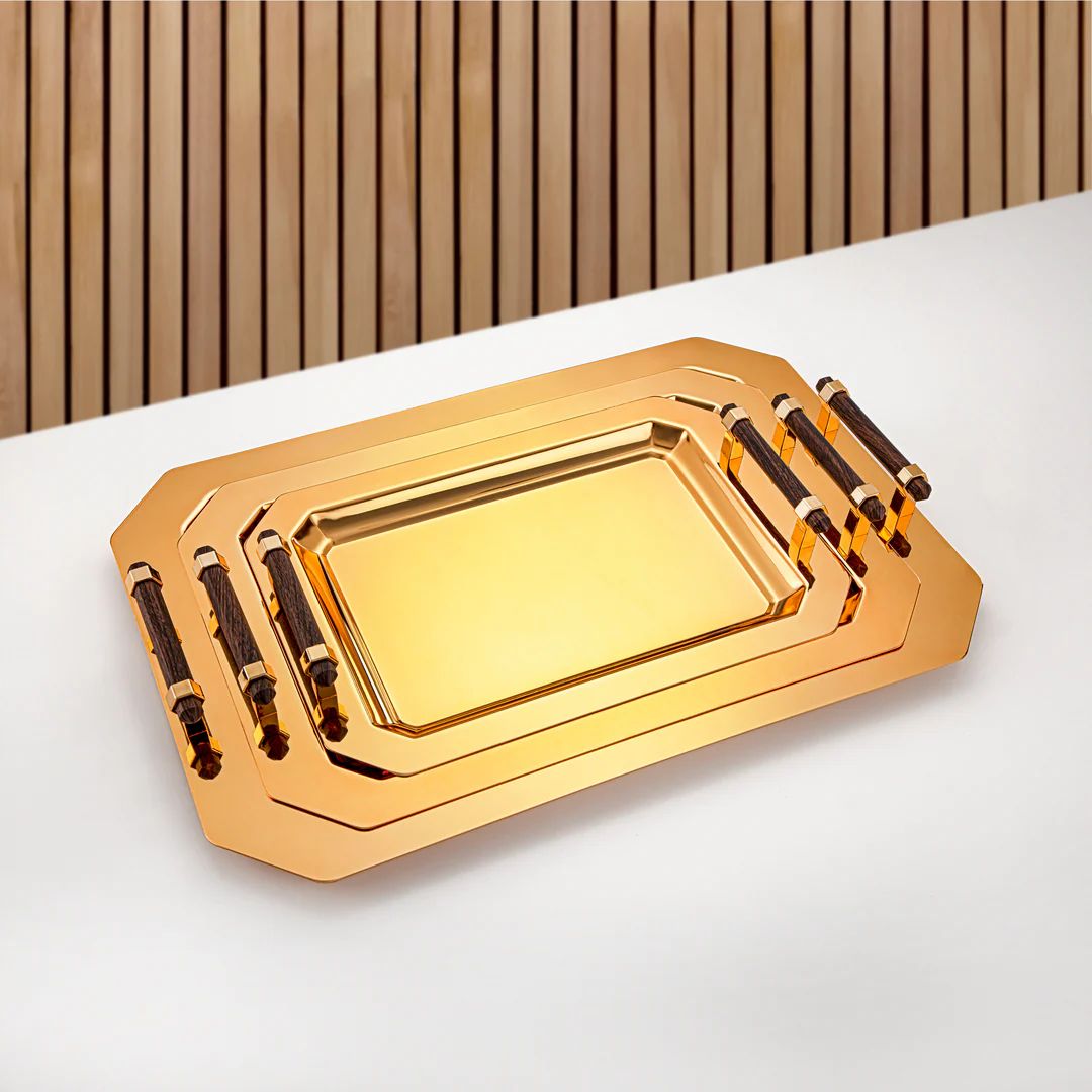 Almarjan 3 Pieces Serving Tray Set Gold & wooden handles - صواني معدن ذهبية مع مقبض خشبي ثلاث قطع