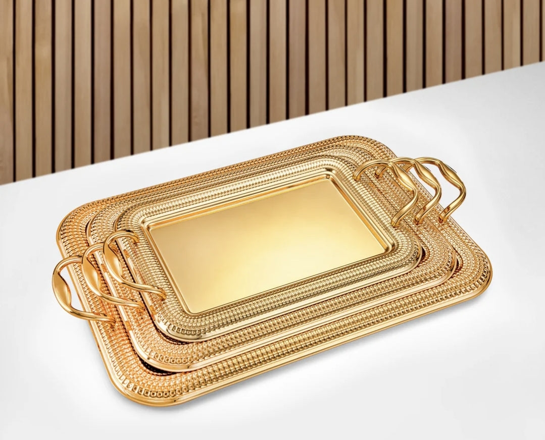 Almarjan 3 Pieces Serving Tray Set Gold - صواني معدن ذهبية ثلاث قطع