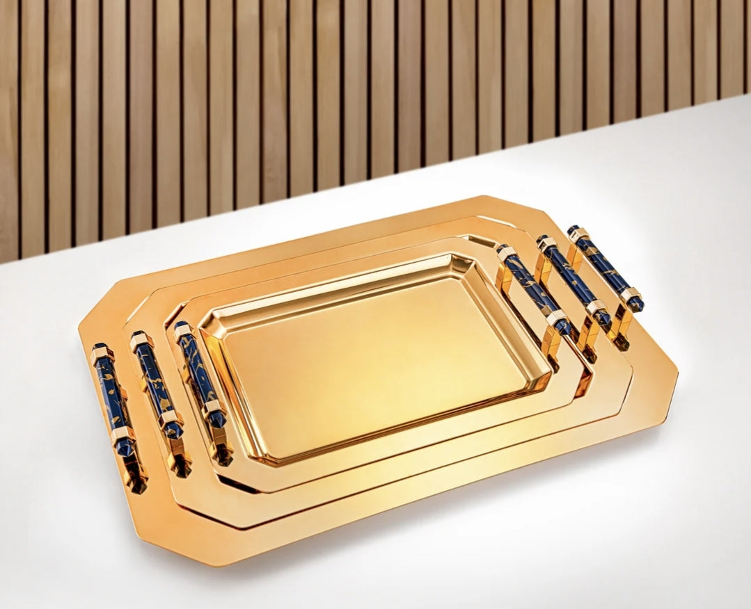 Almarjan 3 Pieces Serving Tray Set Gold - صواني معدن ذهبية مع مقابض اكريليك ثلاث قطع
