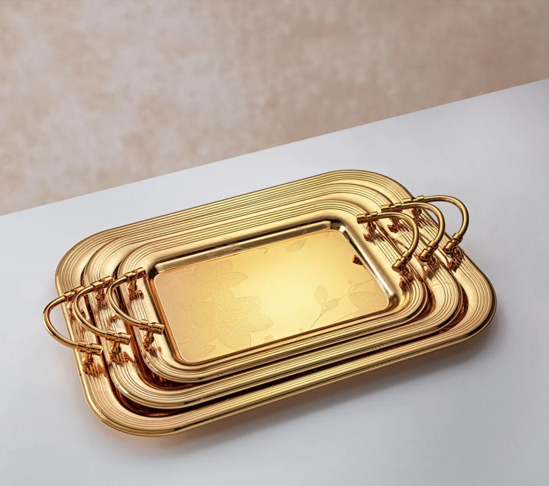 Almarjan 3 Pieces Serving Tray Set Gold - صواني معدن ذهبية ثلاث قطع