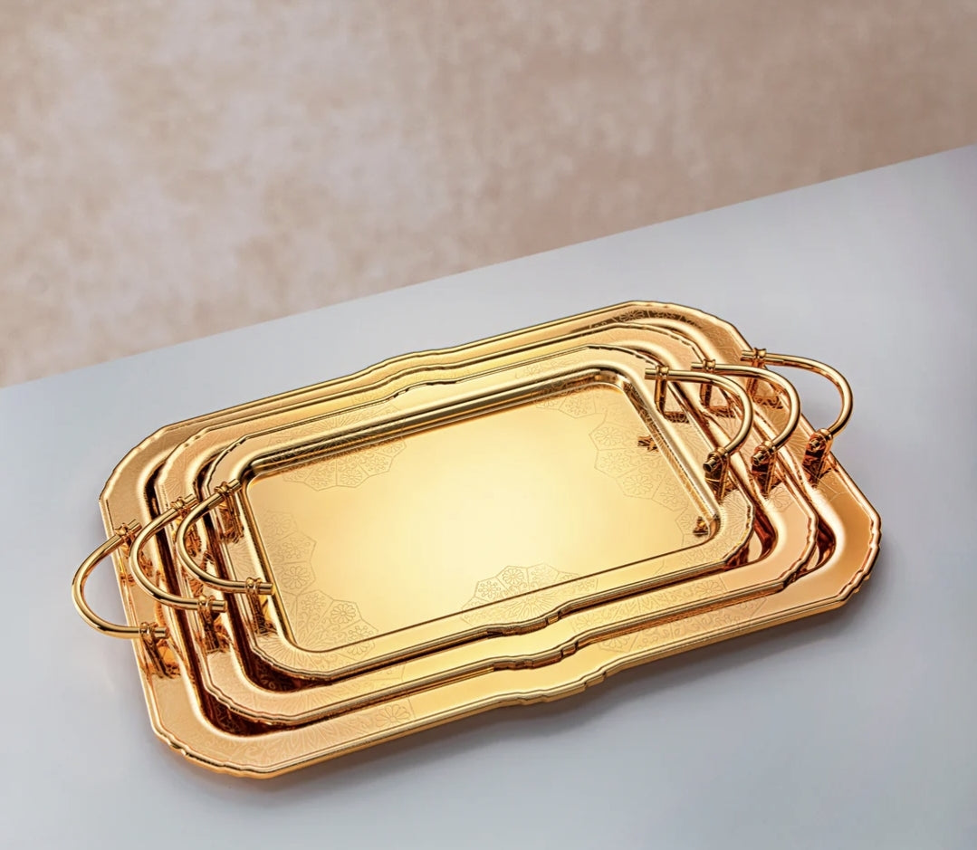 Almarjan 3 Pieces Serving Tray Set Gold - صواني معدن ذهبية ثلاث قطع