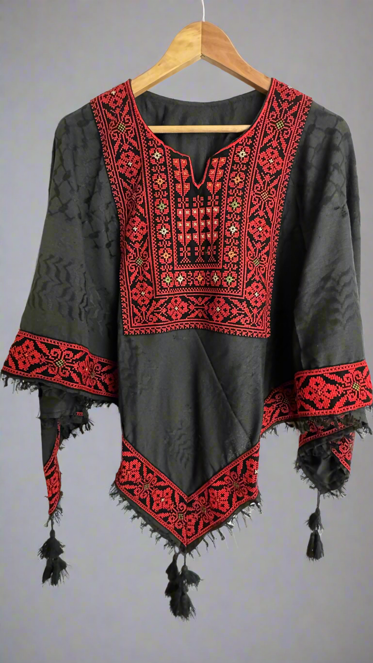 Poncho of Palestine | All Black Kufiya (Keffiyeh) - Tatreez – Made in Jordan