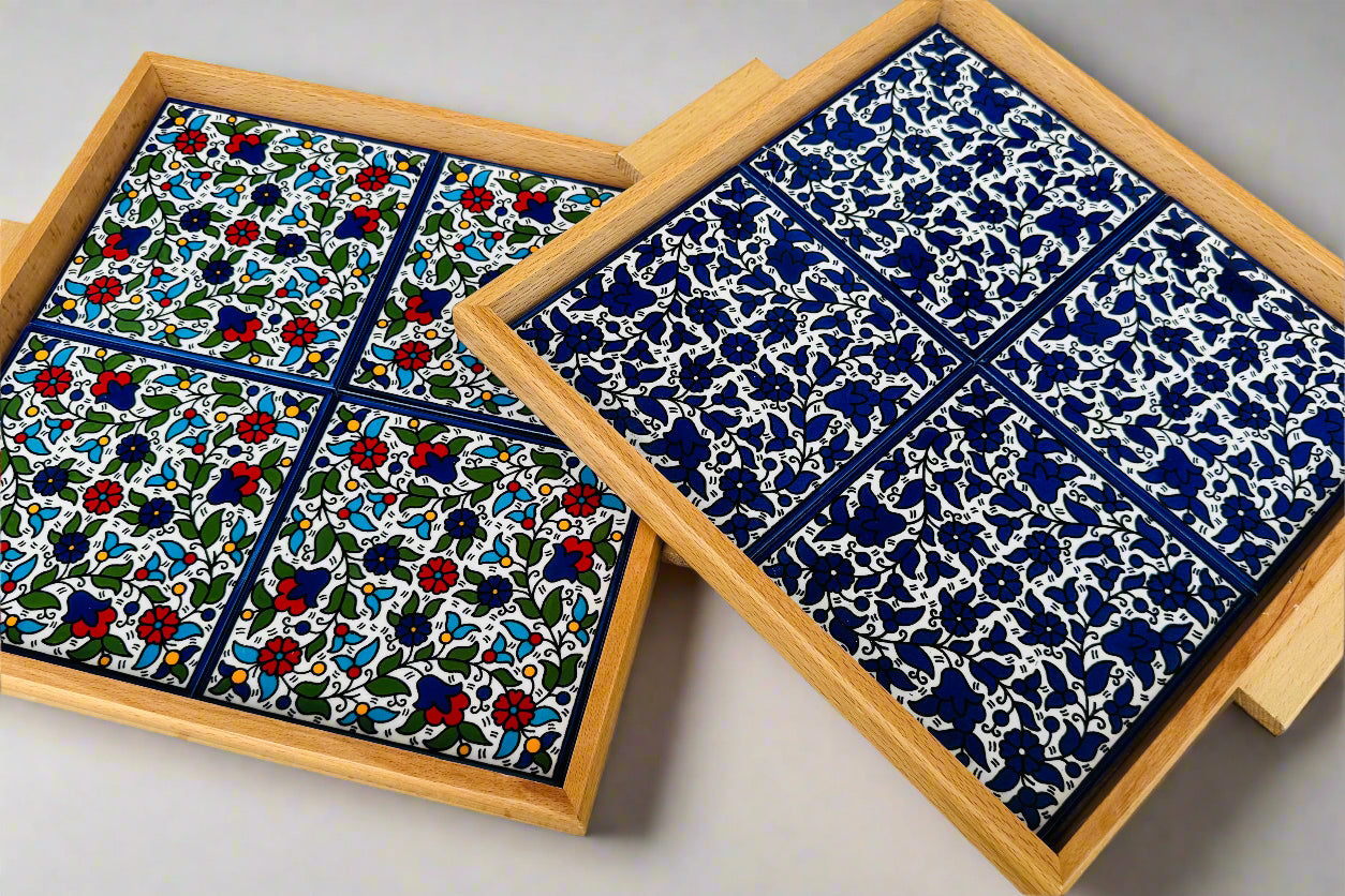 Tray with Wood Handle | Rectangular & Square – Hand-Painted Palestinian Ceramic | Multicolor & Navy