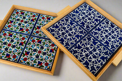 Tray with Wood Handle | Rectangular & Square – Hand-Painted Palestinian Ceramic | Multicolor & Navy