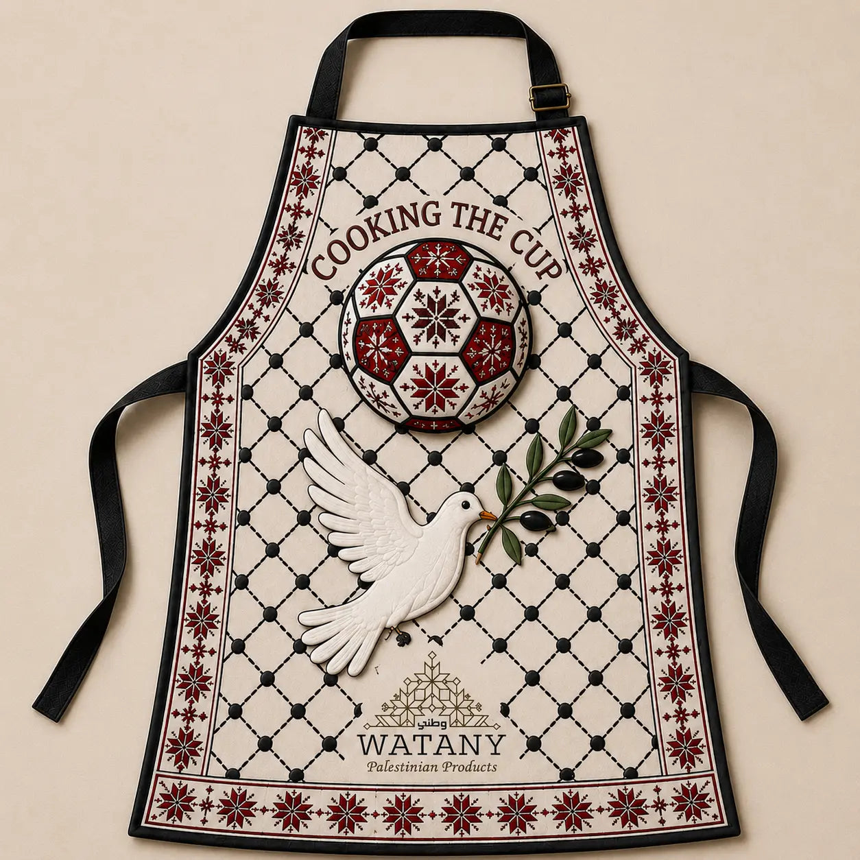 Palestinian Tatreez Apron | Cooking the Cup Heritage Kitchen Apron with Kufiya & Football Design