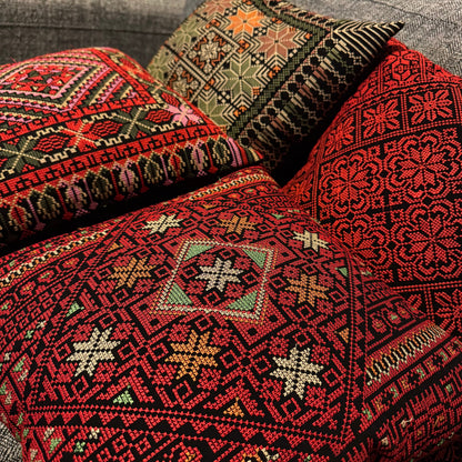 Tatreez Cushion Cover - Red on Black | 16x16" Palestinian Embroidery
