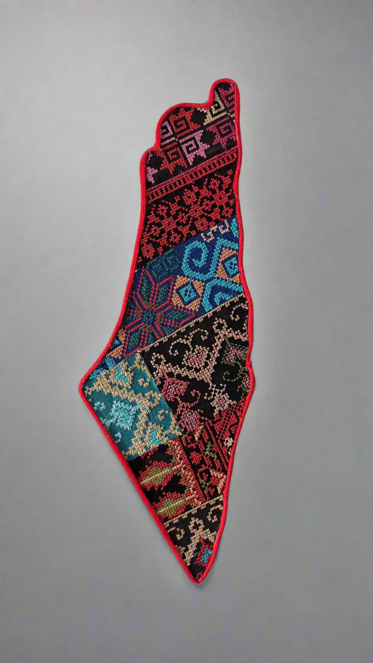 Palestine Map Wall Hanging | Tatreez Patchwork on Wood – Handmade Assembly