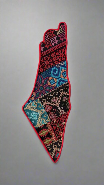 Palestine Map Wall Hanging | Tatreez Patchwork on Wood – Handmade Assembly