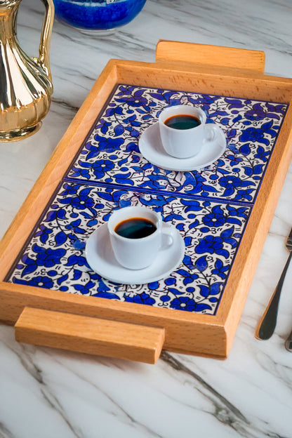 Tray with Wood Handle | Rectangular & Square – Hand-Painted Palestinian Ceramic | Multicolor & Navy