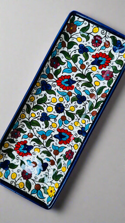 Serving Dishes | Round & Rectangular – Hand-Painted Palestinian Ceramic | Multicolor & Navy
