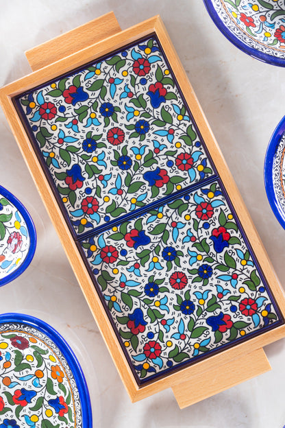 Tray with Wood Handle | Rectangular & Square – Hand-Painted Palestinian Ceramic | Multicolor & Navy