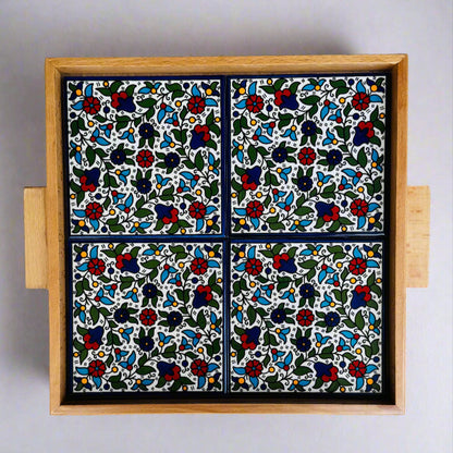 Tray with Wood Handle | Rectangular & Square – Hand-Painted Palestinian Ceramic | Multicolor & Navy