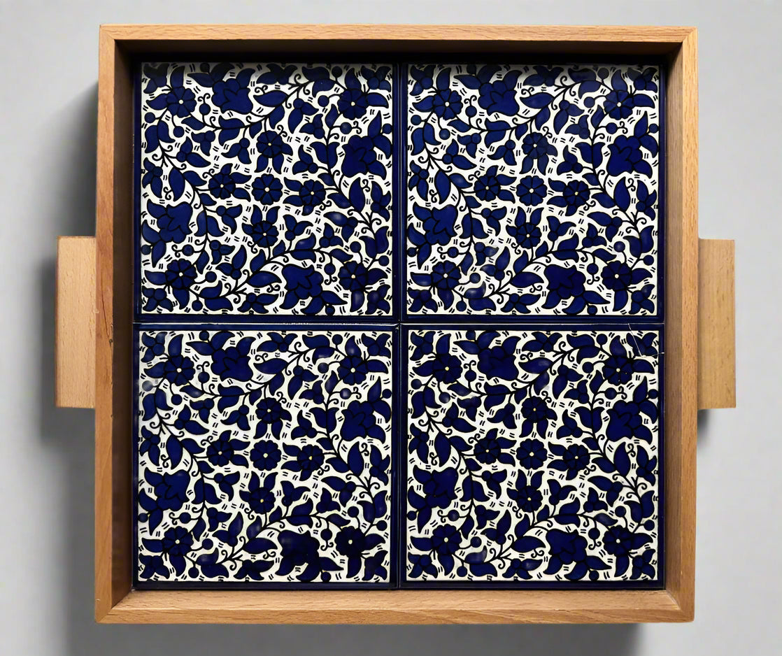 Tray with Wood Handle | Rectangular & Square – Hand-Painted Palestinian Ceramic | Multicolor & Navy