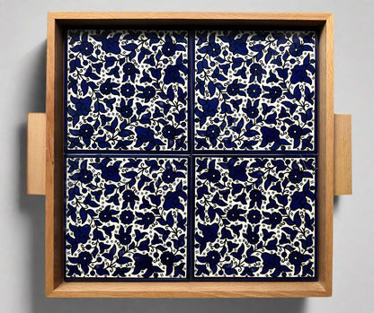 Tray with Wood Handle | Rectangular & Square – Hand-Painted Palestinian Ceramic | Multicolor & Navy