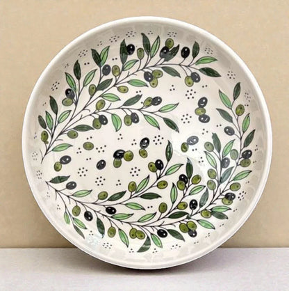Large Handmade Ceramic Serving Bowl 35 cm – Palestinian Zatoun Branch Salad & Fruit Bowl, Decorative Tableware